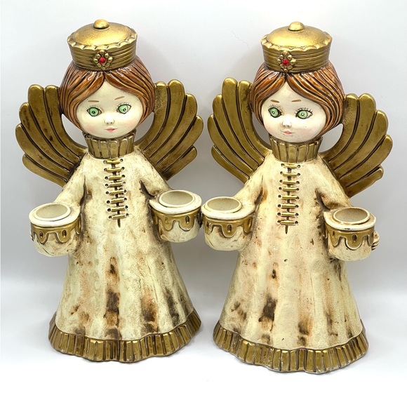Set of 2 Vintage MCM Handmade Clay Mold Angels Candle Holder Figurines - Picture 1 of 16